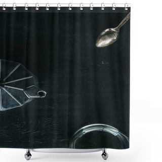 Personality  Flat Lay With Coffee Maker, Empty Glass And Spoon On Black Tabletop Shower Curtains
