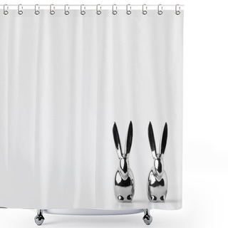 Personality  Two Statuettes Of Silver Easter Bunnies On White Shower Curtains