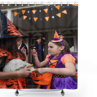 Personality  Girls In Halloween Costumes Holding Skull And Bucket With Candies Near Blurred Multiethnic Friends Shower Curtains