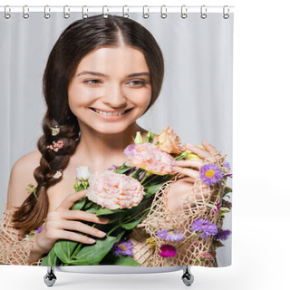 Personality  Happy Beautiful Woman With Braid In Mesh With Spring Wildflowers Isolated On Grey Shower Curtains