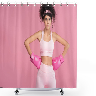 Personality  Curly Young Woman In Sportswear And Boxing Gloves Standing With Hands On Hips Isolated On Pink  Shower Curtains