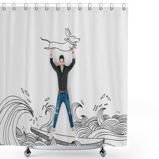 Personality  Creative Hand Drawn Collage With Man Riding Surfboard And Carrying Dachshund Dog Shower Curtains