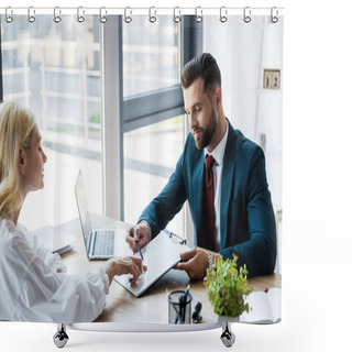 Personality  Selective Focus Of Handsome Recruiter Near Attractive Employee In Office  Shower Curtains