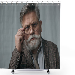 Personality  Serious Senior Man In Tweed Suit And Glasses Looking At Camera Shower Curtains