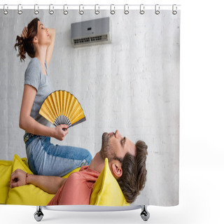 Personality  Young Woman With Hand Fan Sitting On Yellow Sofa Under Air Conditioner Near Lying Man  Shower Curtains