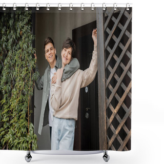 Personality  Cheerful Young Man Hugging Middle Aged Mother And Looking At Camera While Celebrating Parents Day And Standing On Porch Of House In June, Family Traditions And Celebrations Concept Shower Curtains
