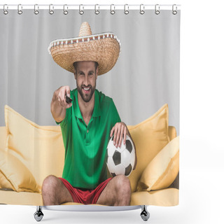 Personality  Smiling Man In Mexican Sombrero Watching Football Match While Sitting On Yellow Sofa With Ball And Remote Control On Grey   Shower Curtains