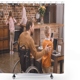 Personality  Back View Of Disabled Father In Wheelchair And Little Son Using Smartphone And Laptop Together At Home Shower Curtains