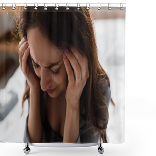 Personality  Woman Suffering From Pain And Touching Head At Home Shower Curtains