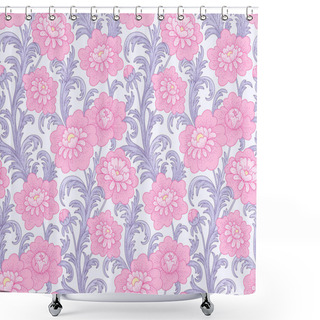Personality  Victorian Style Pattern With Violet Waving Leaves And Pink Peonies. Shower Curtains