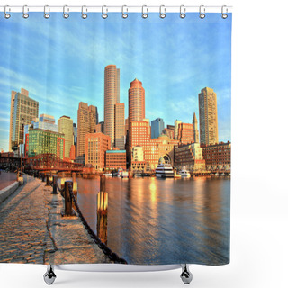 Personality  Boston Skyline With Financial District And Boston Harbor At Sunrise Panorama Shower Curtains