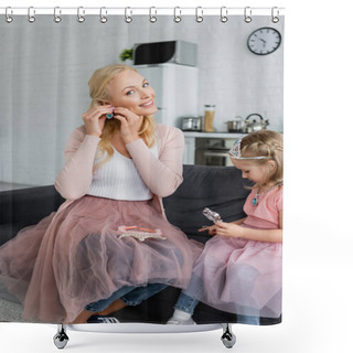 Personality  Smiling Woman Putting On Earring Near Daughter In Toy Crown Shower Curtains