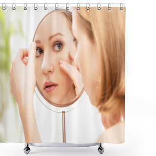 Personality  Young Beautiful Healthy Woman And Reflection In The Mirror Shower Curtains
