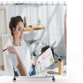 Personality  Cheerful Woman In White T-shirt Holding Magazine And Pen Near Paper Cup On Table  Shower Curtains
