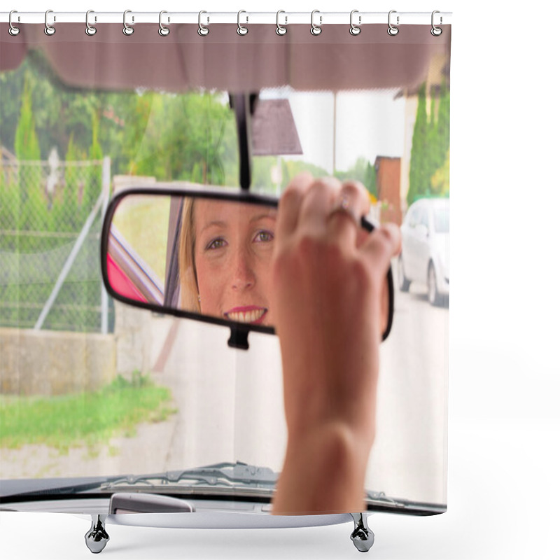 Personality  Woman Sets Up The Rear View Mirror In The Car Shower Curtains