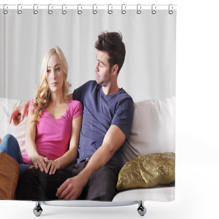 Personality  Unhappy Woman With Puzzled Boyfriend Shower Curtains