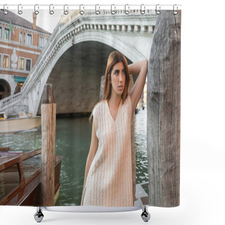 Personality  Woman In Sleeveless Shirt Leaning On Wooden Piling Near Venetian Bridge On Background Shower Curtains