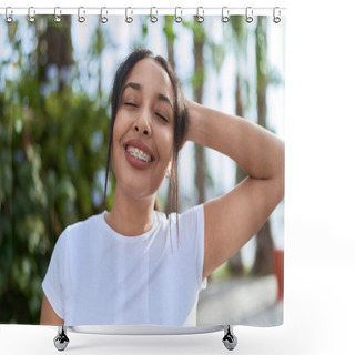 Personality  Young Arab Woman Breathing With Closed Eyes At Street Shower Curtains