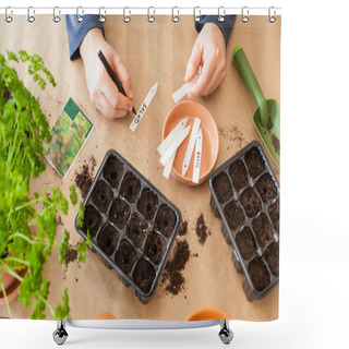 Personality  Gardening, Planting At Home. Man Sowing Seeds In Germination Box Shower Curtains