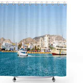 Personality  PIRAEUS, GREECE - APRIL 10, 2020: Panoramic Crop Of Large Ferries With Anek Lines Lettering In Aegean Sea  Shower Curtains