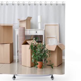 Personality  Cardboard Boxes With Belongings And Table In New Flat On Moving Day Shower Curtains