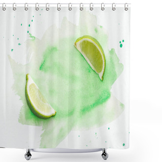 Personality  Top View Of Two Small Pieces Of Ripe Limes On White Surface With Green Watercolor Shower Curtains