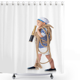 Personality  Full Length View Of Preschooler Child In Sailor Suit Holding Spyglass And Rope Isolated On White Shower Curtains
