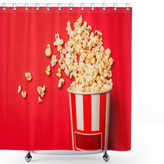 Personality  Top View Of Bucket With Tasty Popcorn On Red Background Shower Curtains