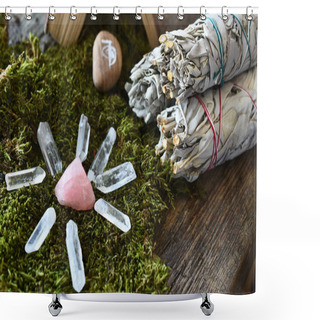 Personality  A Close Up Image Of A Rose Quartz Healing Crystal Grid On Green Moss With White Sage Smudge Sticks.  Shower Curtains