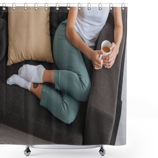 Personality  Cropped View Of Woman Chilling Of Sofa With Cup Of Tea  Shower Curtains