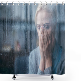 Personality  Sad Adult Woman Crying And Covering Face With Hands At Home Through Window With Raindrops Shower Curtains