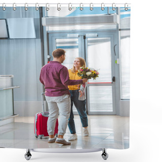 Personality  Boyfriend Holding Flowers And Meeting Happy Girlfriend With Suitcase In Airport  Shower Curtains