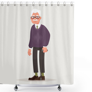 Personality  Grandfather Wearing Glasses. An Elderly Man With A Cane In His Hands. Vector Illustration In Cartoon Style Shower Curtains