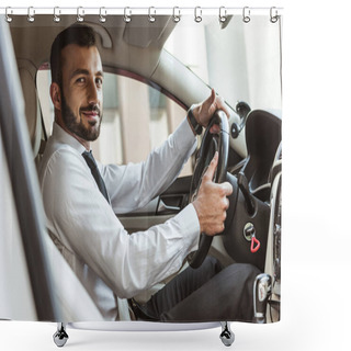 Personality  Smiling Handsome Driver Holding Steering Wheel And Looking At Camera In Car Shower Curtains