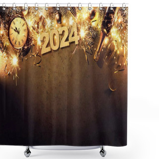 Personality  New Years Eve 2024 Holiday Background With Fir Branches, Clock, Christmas Balls, Champagne Bottle, Gift Box And Lights On Dark Board Shower Curtains