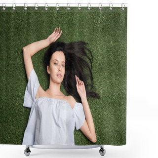 Personality  Young Attractive Woman Lying On Grass Shower Curtains