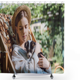 Personality  Blonde Girl In Straw Hat Holding Corgi Puppy While Sitting In Deck Chair In Garden Shower Curtains