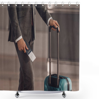 Personality  Cropped Shot Of Businessman With Luggage And Flight Ticket At Airport Shower Curtains