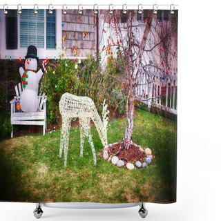 Personality  Christmas Decoration In Garden With Snowman And Deer Shower Curtains