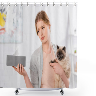 Personality  Sad Woman Holding Siamese Cat And Box With Napkin  Shower Curtains