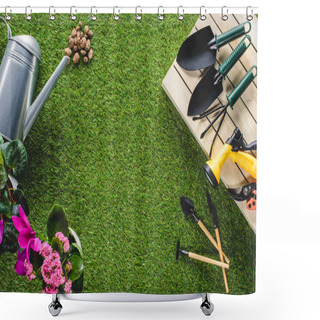 Personality  Top View Of Arranged Gardening Equipment And Flowers On Grass Shower Curtains