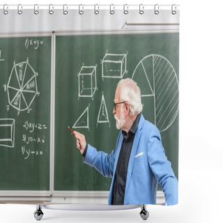Personality  Grey Hair Professor Pointing On Something With Pencil On Blackboard Shower Curtains