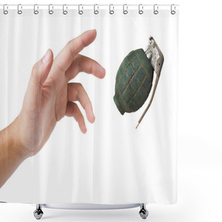 Personality  Hand Throwing A Green Grenade On White Shower Curtains