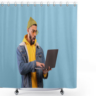 Personality  Shocked Arab Guy Looking At Laptop Screen, Opening Mouth In Shock, Excited About Win Or Success Over Blue Background Shower Curtains