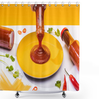 Personality  Cropped View Of Woman Pouring Ketchup On Plate Beside Spaghetti And Chili Peppers On White Surface Isolated On Yellow Shower Curtains