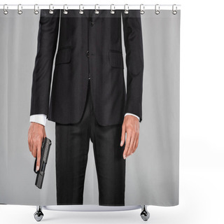Personality  Partial View Of Agent In Black Suit With Gun Isolated On Grey Shower Curtains