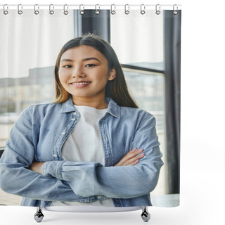Personality  Stylish And Joyful Asian Brunette Woman In Denim Shirt Crossing Arms And Looking At Camera In Contemporary Office, Successful Youth, Professional Development, Modern Lifestyle Shower Curtains