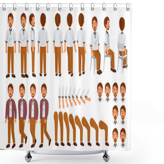Personality  Character For Animation. Man Creation Set With Various Emotions, Poses, Gestures And Body Parts. Father Sits, Stands And Shows Grimaces. Cartoon Flat Vector Collection Isolated On White Background Shower Curtains