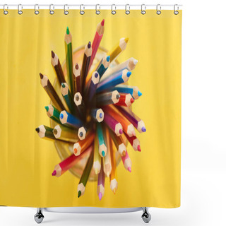 Personality  Top View Of Sharpened And Bright Color Pencils Isolated On Yellow Shower Curtains