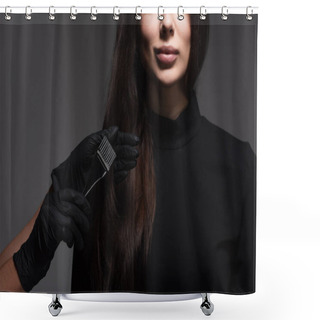 Personality  Cropped View Of Hairstylist Holding Brush Near Woman With Brown Hair Isolated On Dark Grey Shower Curtains
